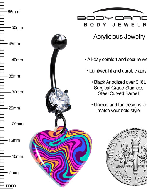 Load image into Gallery viewer, Black Double Gem Swirling Heart Dangle Belly Ring by Onyx O
