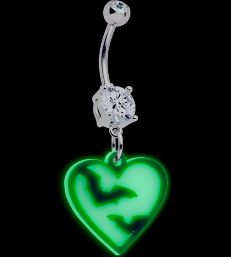 Flying Bat Heart Glow in the Dark Dangle Belly Ring by Onyx O
