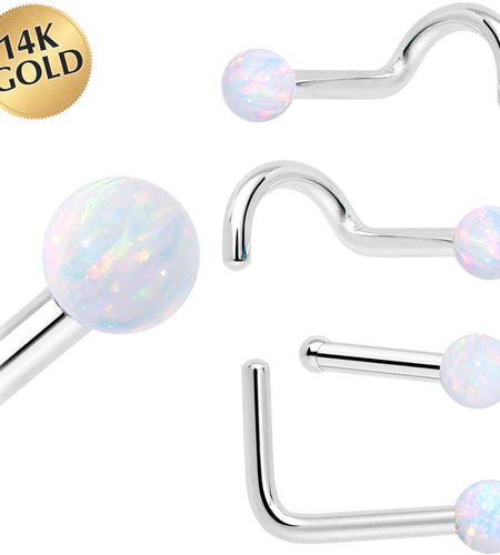 14k White Gold 2.5mm Synthetic Opal Ball Nose Ring