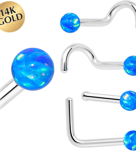14k White Gold 2.5mm Blue Synthetic Opal Ball Nose Ring