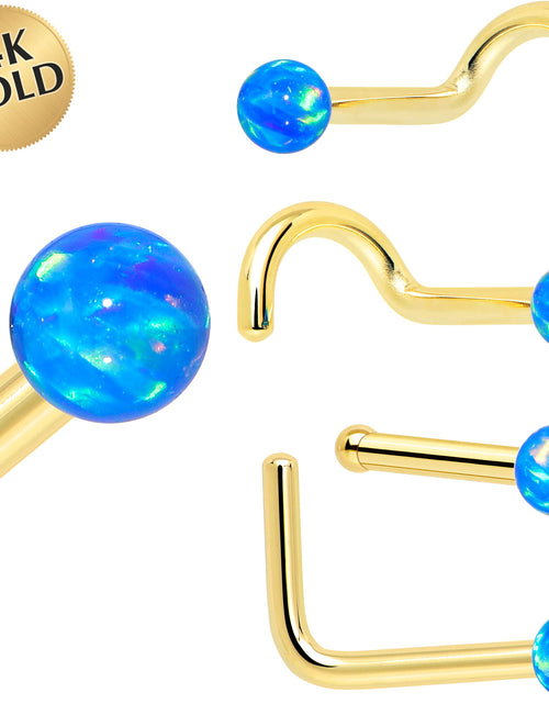 Load image into Gallery viewer, 14k Yellow Gold 2.5mm Blue Synthetic Opal Ball Nose Ring
