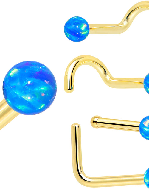 Load image into Gallery viewer, 14k Yellow Gold 2.5mm Blue Synthetic Opal Ball Nose Ring
