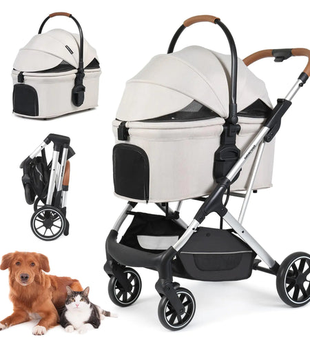 Beberoad Pets T6 Luxury Pet Stroller for Medium Dog Under 66lbs or 2 Small Dogs & Cats Foldable and Carrier -Detachable (Beige)