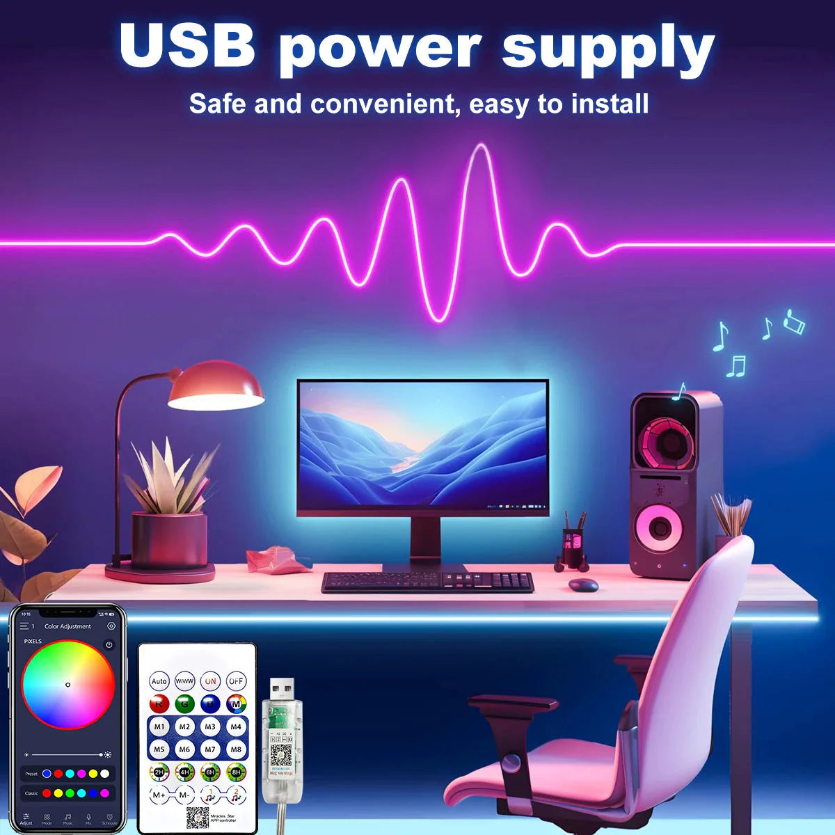 5V RGBIC Neon Strip Lights – USB Waterproof LED Ribbon with Bluetooth