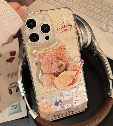 Korean Cute Dessert Bear With Stand Holder Glitter Phone Case For iPhone