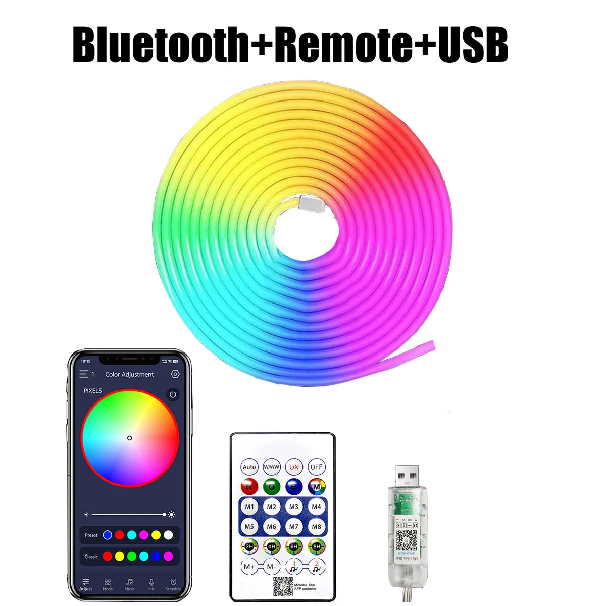 5V RGBIC Neon Strip Lights – USB Waterproof LED Ribbon with Bluetooth