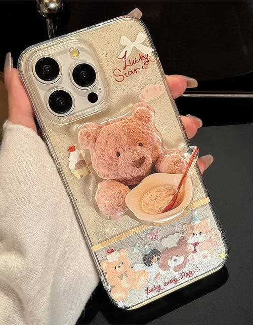Load image into Gallery viewer, Korean Cute Dessert Bear With Stand Holder Glitter Phone Case For iPhone
