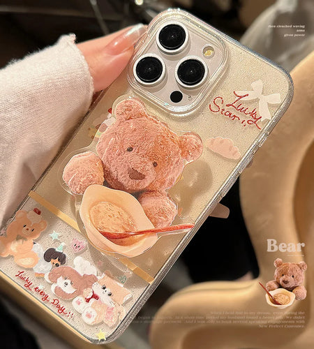 Korean Cute Dessert Bear With Stand Holder Glitter Phone Case For iPhone