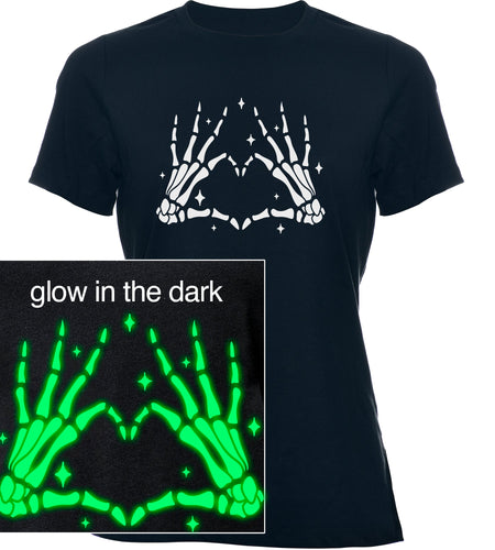 Glow in the Dark Dead Inside Heart Skeleton Hands Black Tee Shirt