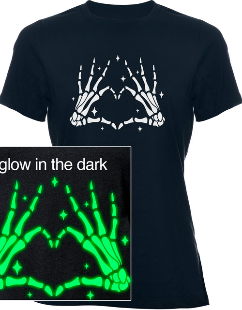 Load image into Gallery viewer, Glow in the Dark Dead Inside Heart Skeleton Hands Black Tee Shirt

