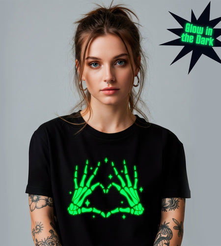 Glow in the Dark Dead Inside Heart Skeleton Hands Black Tee Shirt