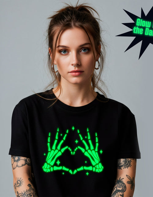 Load image into Gallery viewer, Glow in the Dark Dead Inside Heart Skeleton Hands Black Tee Shirt
