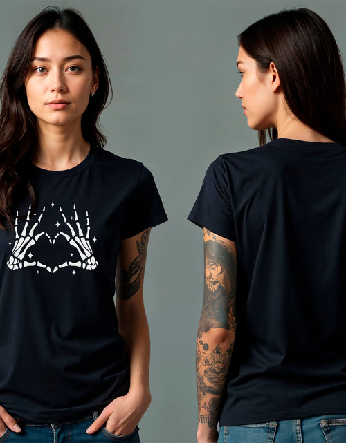 Load image into Gallery viewer, Glow in the Dark Dead Inside Heart Skeleton Hands Black Tee Shirt
