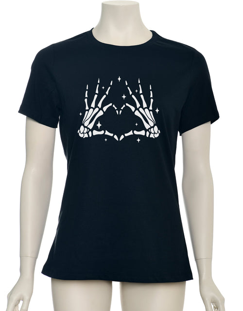 Load image into Gallery viewer, Glow in the Dark Dead Inside Heart Skeleton Hands Black Tee Shirt
