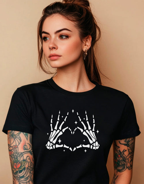 Load image into Gallery viewer, Glow in the Dark Dead Inside Heart Skeleton Hands Black Tee Shirt
