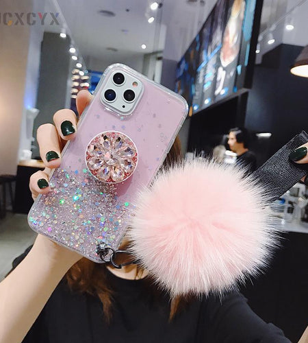 Glitter Phone Case with Holder Stand and Pink Poof