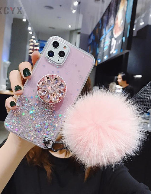 Load image into Gallery viewer, Glitter Phone Case with Holder Stand and Pink Poof
