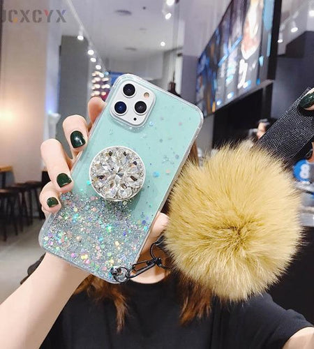 Glitter Phone Case with Holder Stand and Pink Poof