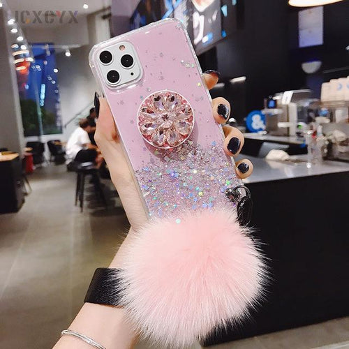 Load image into Gallery viewer, Glitter Phone Case with Holder Stand and Pink Poof
