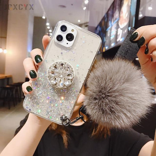 Load image into Gallery viewer, Glitter Phone Case with Holder Stand and Pink Poof
